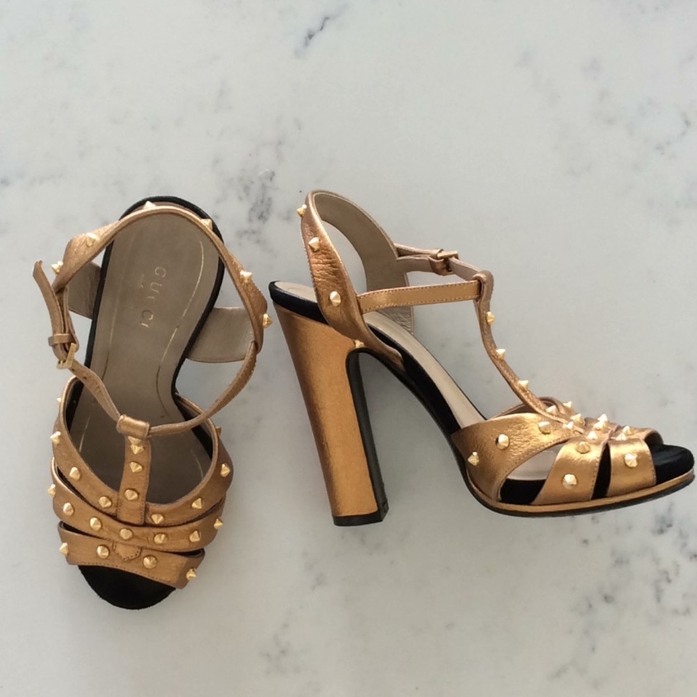 GUCCI GOLD STUDDED ANKLE STRAP HEELS 5